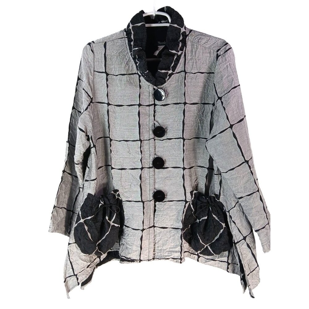 Moonlight Y&S Womens Crinkle Gray Black Grid Button Jacket Size L Pouch Pockets